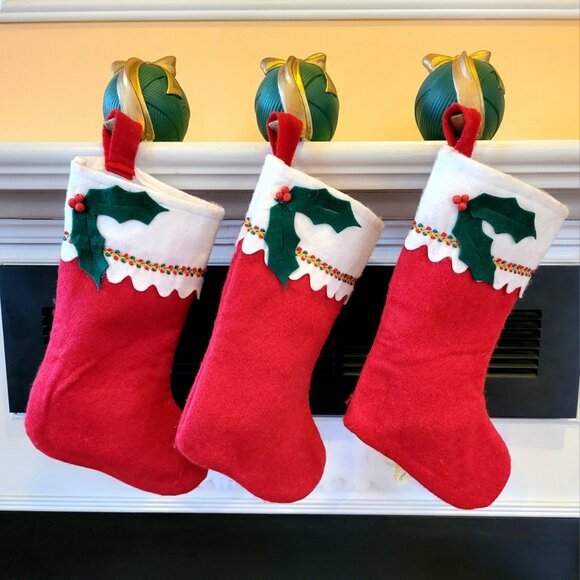 Vintage 1980s Christmas Classic Felt Stockings Red, green and gold Rickrack Trim - Picture 1 of 7